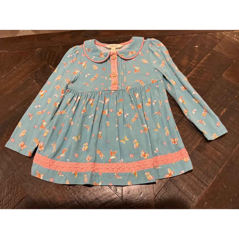 Matilda Jane Girls Turquoise Butterfly Dragonfly Print Tunic Top Size 4 Long Slv